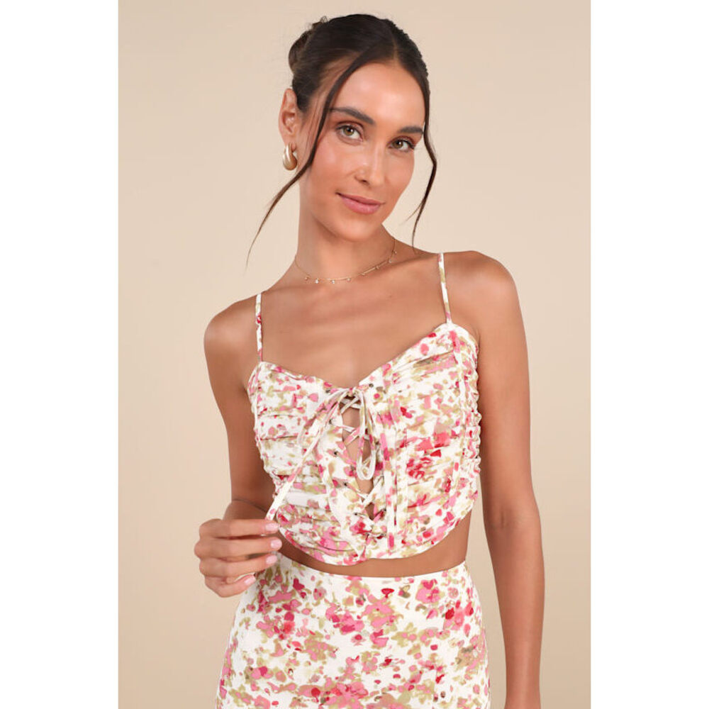 Lulus Mastered Elegance Ivory floral Print Lace-up Cami Top. Size M - Picture 9 of 9